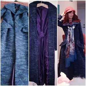 Hand madeWool tweed coat dark blue & green, purple lining, size 6-8